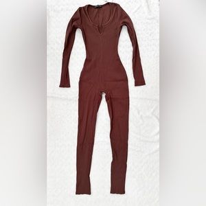 naked wardrobe Long Sleeve Brown Ribbed Jumpsuit